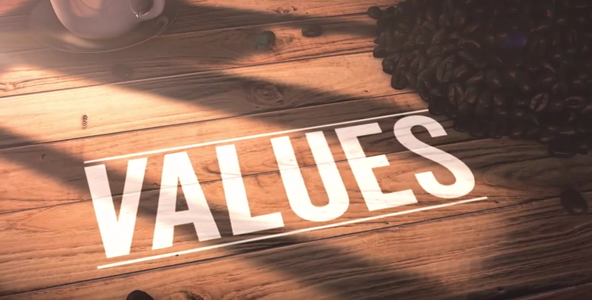 values written in bold white font layer atop a wooden background with coffee beans and a white mug