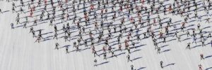 hundreds of skiiers on a slope