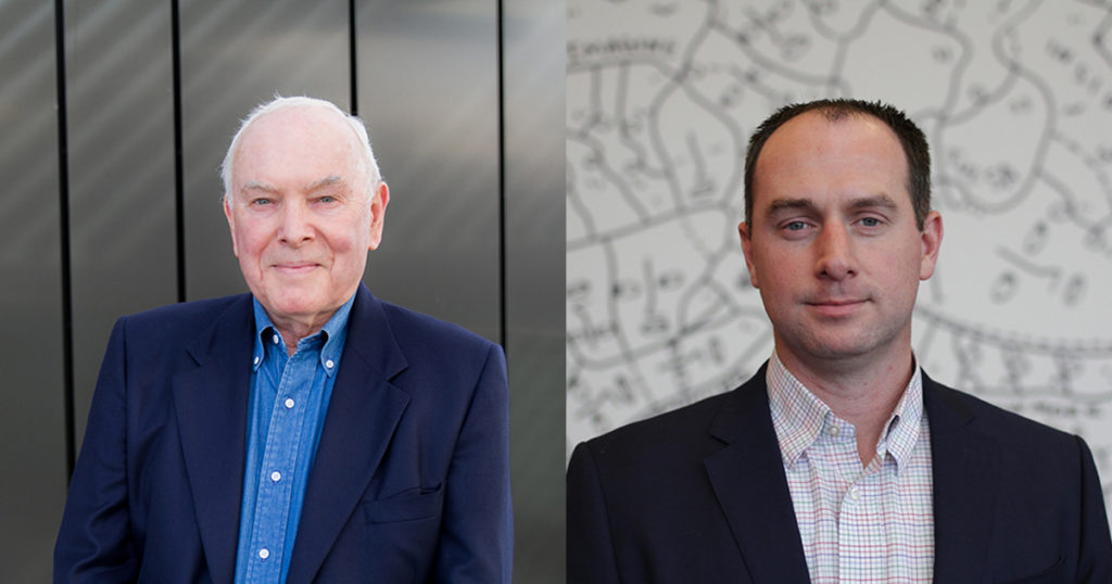 Side-by-side headshots of Robert Hogan, PhD, and Ryne Sherman, PhD, who are experts in personality psychology and the authors of this blog about personality theory. Hogan is a white man with gray hair wearing a navy blue suit jacket over a blue shirt. Sherman is a white man with brown hair wearing a black suit jacket over a white shirt.