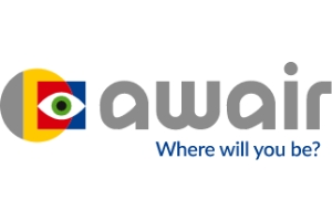 The logo for Awair, an authorized distributor of Hogan personality assessments, features the Awair name in lowercase gray letters. Below the name, right-aligned blue text asks, “Where will you be?” To the left of the company name, the logo features a yellow and gray circle with a red and blue square overlaying it off-center to the right. Within the square is an illustration of an eye with a green iris.