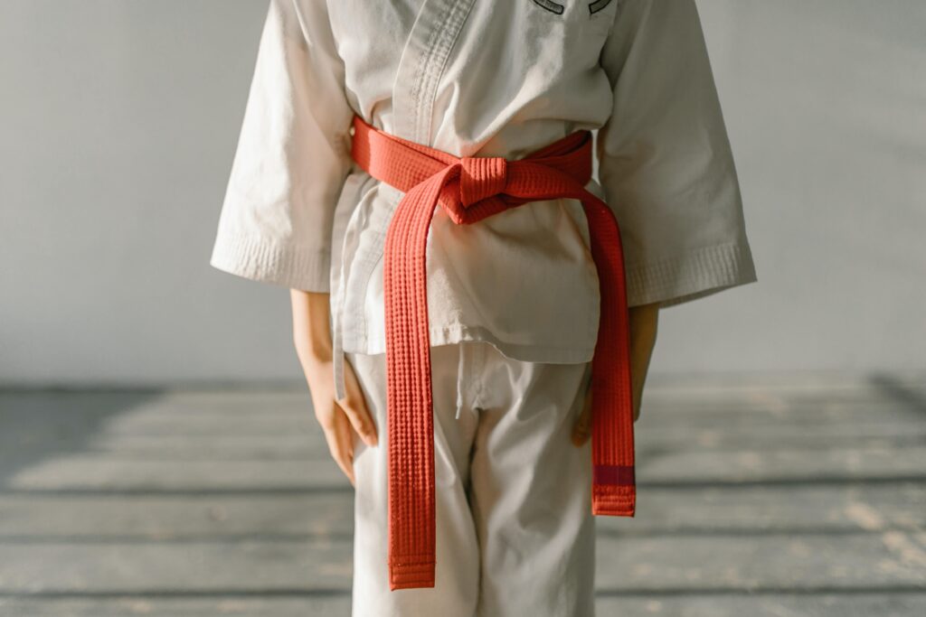 A person is standing in a gray room with a wooden floor, wearing a white karate uniform, or gi, with an orange belt. The person is facing the camera, but the frame only captures the person between the shoulders and knees. Part of an embroidered logo is visible on the left side of the person’s chest. Sunlight filters into the room from the person’s right. The photo accompanies a blog about a podcast episode, which featured a guest who discussed strategic performance in leadership. The guest references his martial arts training to discuss the importance of mindset in success.