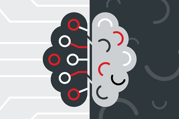 An illustration of a brain divided into two halves. One half is black with red and white circles in it, and the other half is gray with black, red, and white parentheses in it. The gray half sits atop a black background with gray parentheses, and the black half sits atop a gray background with white lines. The illustration accompanies a blog post about AI in psychology.