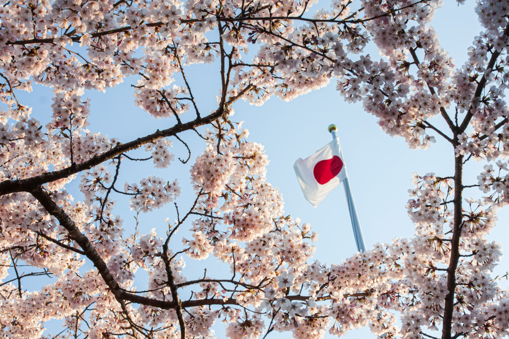 The flag of Japan, which is white with a red circle in the center, is shown flying against a blue sky. Cherry blossoms in the foreground surround the frame of the photo. The photo accompanies a blog post about trends in leadership emergence in Japan. The trends are based on a sample of more than 3,000 Japanese leaders.