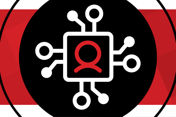 A graphic illustration has a white background with a thick red horizontal stripe. Atop the stripe is a solid black circle. The solid black circle has a thin black circular line around it. In the center of the solid black circle is a red person icon. The person icon is surrounded by a white square that has 8 lines emerging with dots and circles at the ends. The illustration accompanies a blog post about artificial intelligence, or AI, and personality assessments.