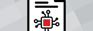 This graphic illustration has a background in gradients of gray blocks. Against the background is an icon of a piece of paper that has a red square on it with black circuits emerging from it. The image accompanies a statement about using artificial intelligence, such as ChatGPT or another GPT, to interpret the Hogan personality assessments.