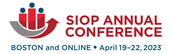 A logo for the annual conference of the Society for Industrial and Organizational Psychology (SIOP), features a red bar graph with three columns each topped a blue dot above a curving gray and red arrow pointed upward. The logo also lists the conference location (Boston and Online) and dates (April 19-22, 2023).