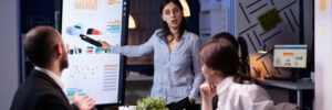 A leader gestures at a large monitor showing business data. The other professionals around the conference table are rapt, and the presentation appears to be occurring after hours, as if there is a crisis to respond to. The image accompanies a blog post about strategic leadership in VUCA environments.