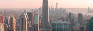 A photo of the New York City skyline glowing pink at dusk or dawn. The photo accompanies a statement about Hogan's position on NYC Local Law 144.