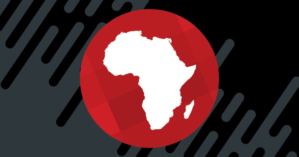 An illustration of the African continent. The continent is white against a red circle on a black background. The image accompanies a blog post about leadership in Africa.