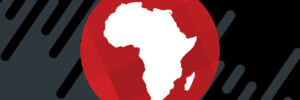 An illustration of the African continent. The continent is white against a red circle on a black background. The image accompanies a blog post about leadership in Africa.