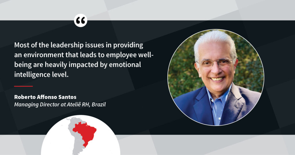 A quote by Roberto Affonso Santos of Ateliê RH: "Most of the leadership issues in providing an environment that leads to employee wellbeing are heavily impacted by emotional intelligence level."