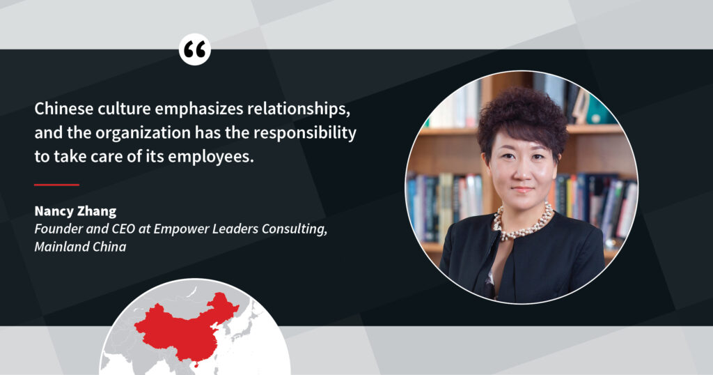 A quote about occupational well-being by Nancy Zhang of Empower Leaders Consulting: "Chinese culture emphasizes relationships, and the organization has the responsibility to take care of its employees."