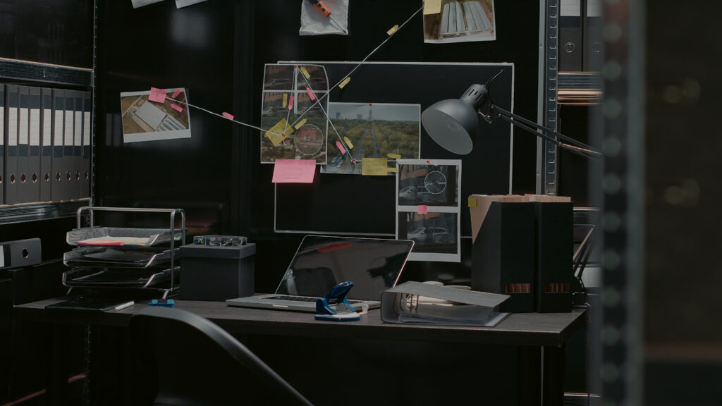 A darkly lit photo of a police/law enforcement evidence room shows an evidence board with pinned photos, sticky notes, and more. A laptop and task lamp, both off, sit atop a desk below the bulletin board. Also on top of the desk are various files, papers, and a large binder. The photo accompanies a blog post about the science of memory, its relationship to personality, and the reliability of memory recall (both in the workplace and in criminal investigations using eyewitness testimony).