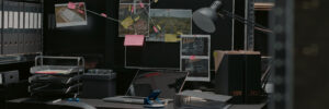 A darkly lit photo of a police/law enforcement evidence room shows an evidence board with pinned photos, sticky notes, and more. A laptop and task lamp, both off, sit atop a desk below the bulletin board. Also on top of the desk are various files, papers, and a large binder. The photo accompanies a blog post about the science of memory, its relationship to personality, and the reliability of memory recall (both in the workplace and in criminal investigations using eyewitness testimony).