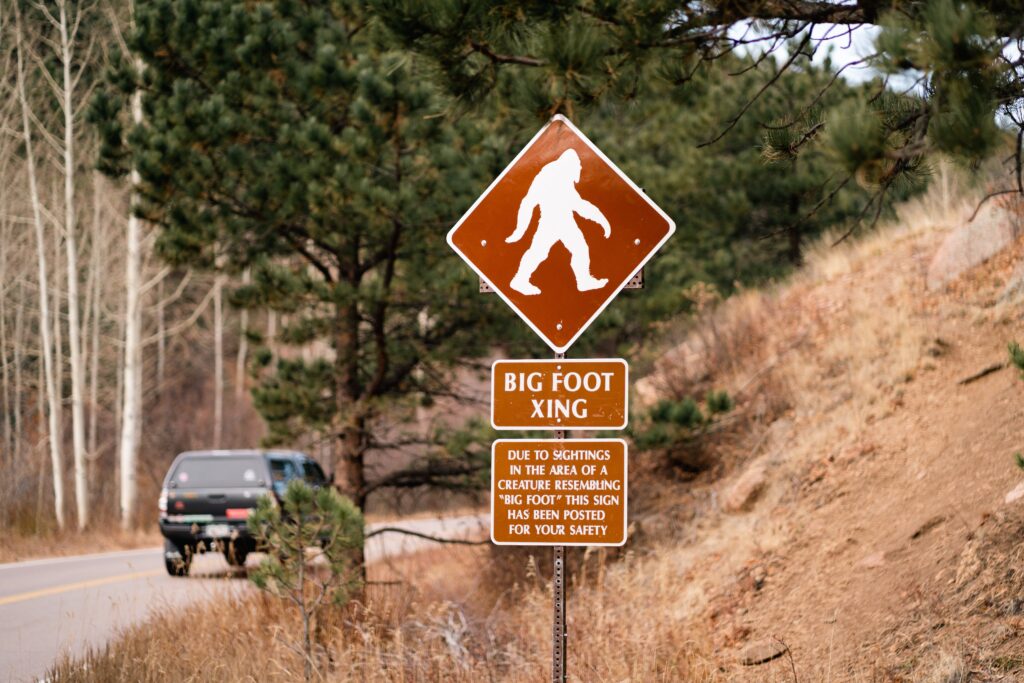 A brown and white roadside sign cautions passersby about potential bigfoot crossing. The sign notes that sightings of a “creature resembling ‘big foot’” have happened in the area and features a stereotypical Sasquatch silhouette (i.e., a hairy hominid figure). The sign is backed by a forested landscape with both bare trees and pine trees. The mountainside at the forefront of the image is sandy and stark with dry brush. On the road to the left of the sign, a bumper-stickered green SUV drives off. The photo accompanies a blog post about cryptozoology, the personality characteristics of cryptozoologists, and evidence of bigfoot. 