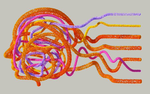 Multicolored threads in shades of orange, yellow, pink, and purple merge loosely to form the profile of a human head. The threads flow freely from the back of the head. The image accompanies an article about 2025 trends in personality assessment.