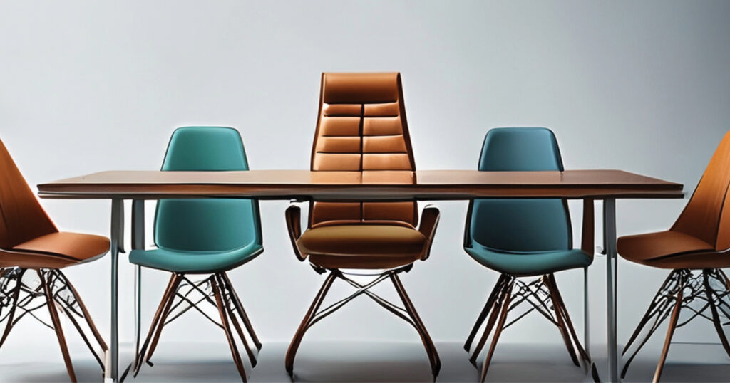 A variety of unique chairs surround a wooden conference table