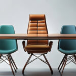 A variety of unique chairs surround a conference table