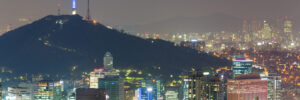 A panoramic view of the Seoul skyline at night features N Seoul Tower glowing blue atop Namsan Mountain above illuminated skyscrapers. The image of the vibrant South Korean urban landscape accompanies an article about leadership insights of South Korean leaders.