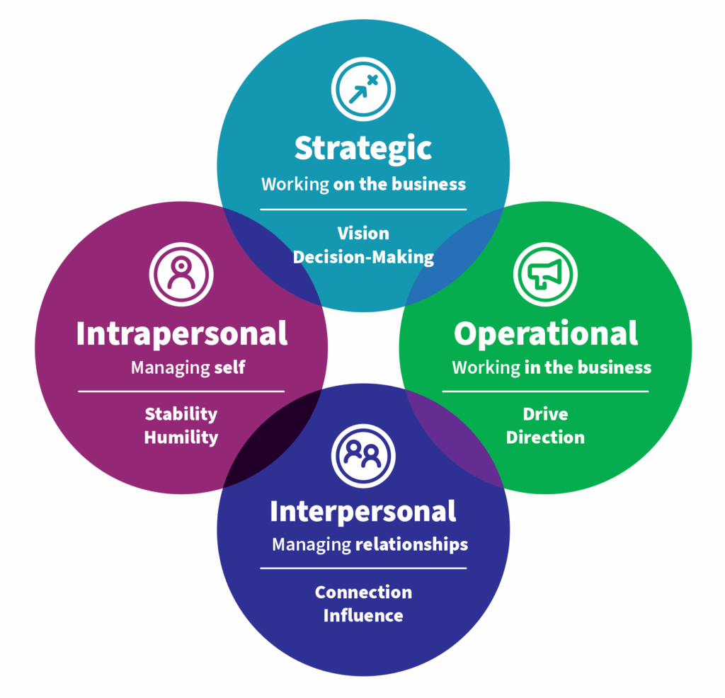 The four domains of the Hogan Leadership Framework are Strategic, Operational, Interpersonal, and Intrapersonal. These describe four critical areas of leadership performance. Shown here in overlapping blue, green, purple, and magenta circles, they describe working on the business, working in the business, managing relationships, and managing self, respectively. Their underlying dimensions (respectively: Vision and Decision-Making; Drive and Direction; Connection and Influence; and Stability and Humility) describe what makes leaders successful in different settings. Dimensions break down further into behavioral approaches, not pictured here.