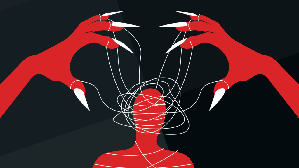 A silhouetted figure with white puppet strings tangled around their head is flanked by two large red hands with sharp white nails controlling the strings from above, symbolizing the perception of demonic possession. The image accompanies an article about paranormal beliefs related to possession and exorcism.