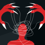 A silhouetted figure with white puppet strings tangled around their head is flanked by two large red hands with sharp white nails controlling the strings from above, symbolizing the perception of demonic possession. The image accompanies an article about paranormal beliefs related to possession and exorcism.