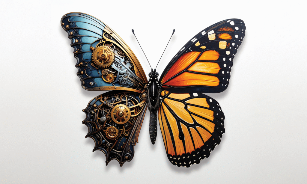 The conceptual illustration of a monarch butterfly shows a fusion of nature and technology with an organic right wing and a mechanical blue left wing with silver and brass gears. The image accompanies an article about top trends in personality assessment in 2026, which features discussion of artificial intelligence and human judgment.